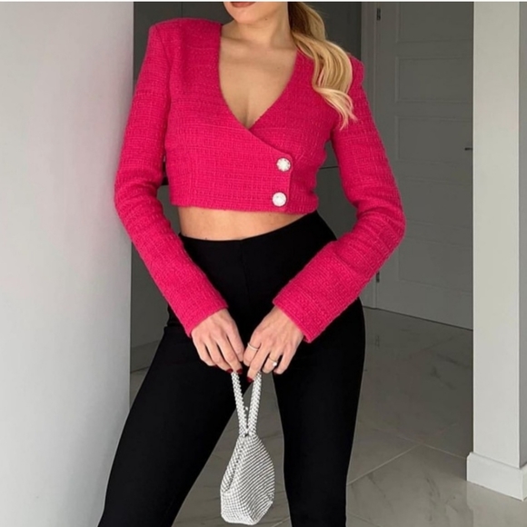 Zara * Cropped Blazer Top Pink Tweed Textured Size XS S M L - Picture 2 of 12